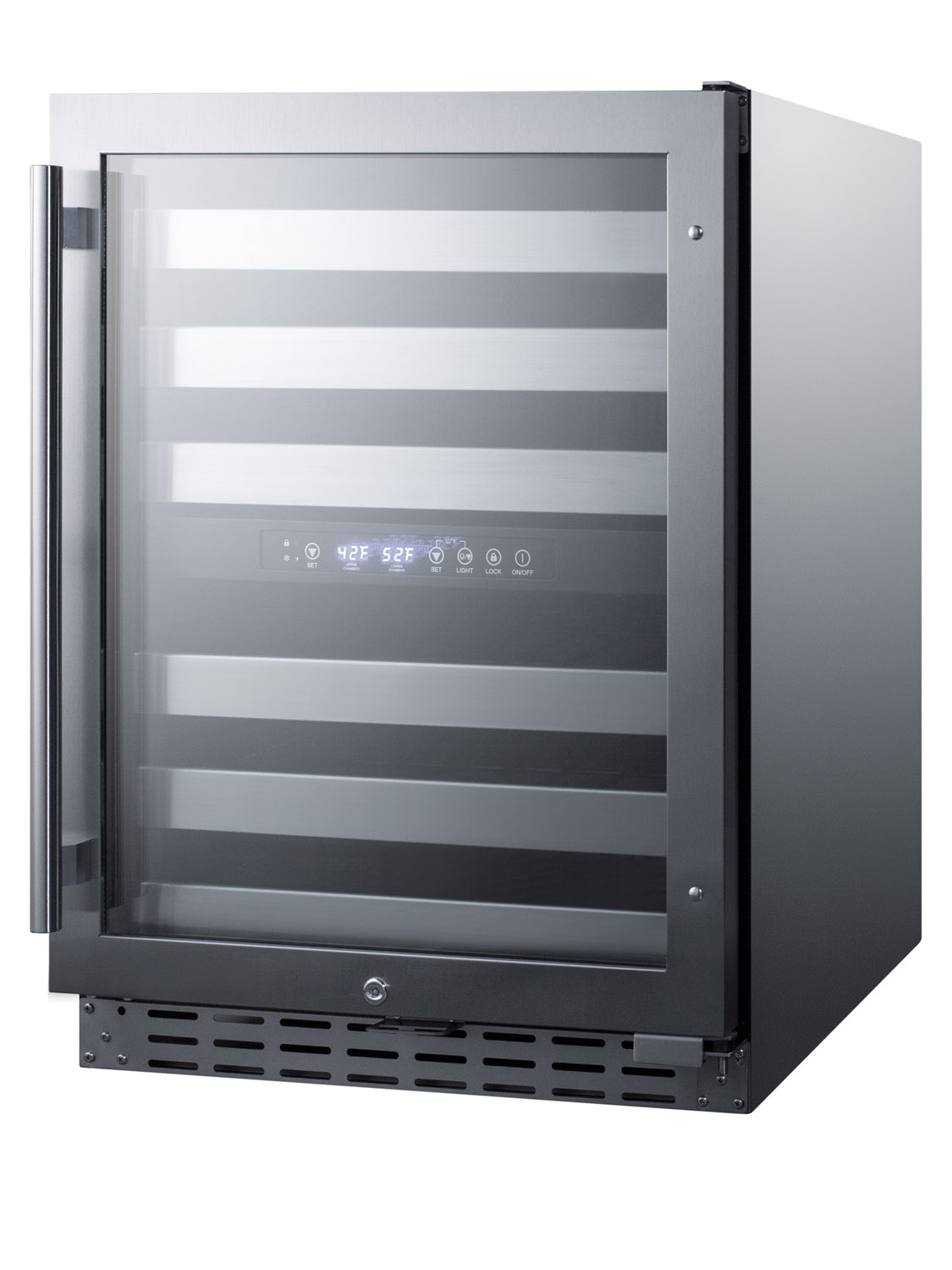 ADA compliant commercially approved dual zone built-in wine cellar with digital thermostat, seamless stainless steel trimmed glass door, and stainless steel wrapped cabinet